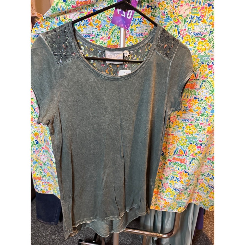029 Dantelle Womens Washed‎ Green Lace Back Short Sleeve Top D1075 Size Small